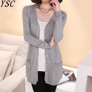 YUNSHUCLOSET Lady wool Sweater Fashion medium long Cashmere Cardigan Women loose sweater for female outerwear coat with pockets T200101