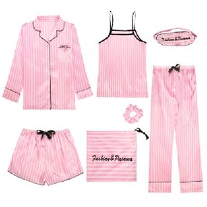 7 Pieces Women Pajama Set Ladies Bedgown Pink Striped Faux Silk Homewear Floral Printed Comfort Soft Femme Sleepwear Bestie Gift 201217