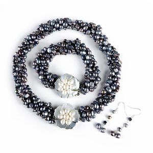 Pearl Jewellery Set Black Nugget Pearls Necklace Bracelet Earrings Five Strands Twisted Freshwater Pearls Womens Jewelry on Sale
