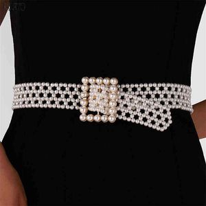 Faleto Women Pearl Waist Belt Elastic Wedding Bridal Belt with Rhinestone Crystal Sash Bridesmaid Dress Belt Elegant Waistband G220301