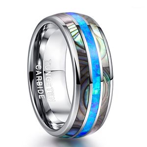 Anéis de casamento 8mm Blue opal tungstênio carboneto embutido cascas naturais de joias de festa de joalheria colorido de cor prata Rings1