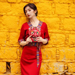 Odzież etniczna tybetańska szata tradycyjne kobiety kostium orientalny bawełna rocznika suknia elegancka azjatycka w stylu cheongsam