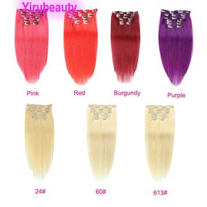 Peruvian Clip In Hair Extensions 24# 60# 613# Silky Straight Pink Burgundy 14-24inch Remy Red Color Clip On Prodcuts