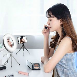 New LED Desk Ring Light with Makeup Mirror Phone Tripod for Make Up Vlog Youtube Tiktok Video Shooting Selfie Ringlight Circle Lamp