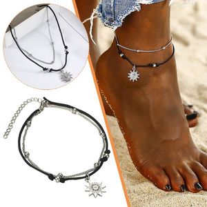 Anklets Vintage flera lager för kvinnor Elephant Sun Pendant Charms Rope Chain Beach Summer Foot Ankel Armband Smycken