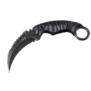 Karambit Knife D2 Satin / Black Stone Wash Blade Black G10 Handle Claw Knives With Leather Sheath H5458