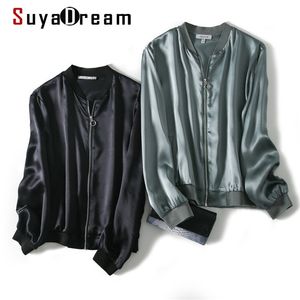 Suyadream 여성 실크 재킷 19mm 100 % 실크 새틴 단단한 지퍼 업 스웨터 가을 가을 outwear 201202