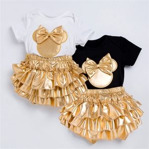 Bebê recém-nascido meninas roupas conjuntos de verão manga curta bowtie romper + shorts vestido + headband infantil bebê menina roupa roupa lj201223