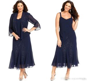 Seksowny spaghetti pasek matka panny młodej Dresses Herbata Długość z kurtką 3/4 Długie rękawy suknia wieczorowa Sheath Plus Size Wedding Party