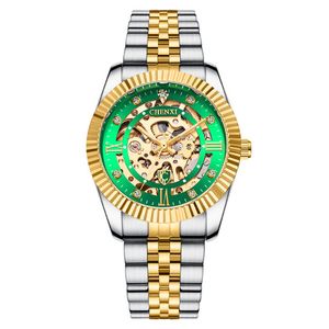 Chenxi Man Armbandsur Rostfritt Stålband Lysande Pekare Skelett Hollowout Analog Guld Ring Automatisk rörelse Guld Bezel