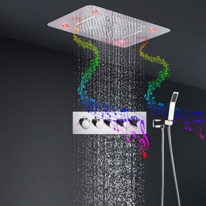 Bagno 4 Funzioni Termostatico Musica Set doccia a pioggia Soffione doccia a LED Rubinetti a cascata Miscelatore a scomparsa in ottone Finitura cromata