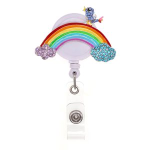 Anéis -chave fofos grátis Rainbow Bird Rhinestone Belge Reel Enfermeira Doctor Id Titular Retentável para decoração