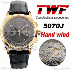 TWF Platinum Compliacttions Chronograph 5070J Hand Winding Automatic Mens Watch 18K Yellow Gold Gray Dial Black Leather PTPP Puretime P5d4