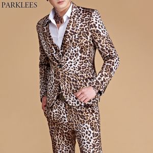 (Jackets+Pants) Mens Leopard Print Suit Casual Slim Fit One Button 2 Piece Set Suits Wedding Singer DJ Stage Plus Costumes Homme 201105