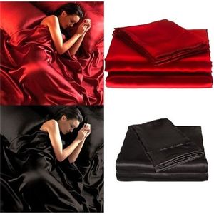 95gsm 4 Pce Luxury Satin Silk Soft QUEEN Bed Fitted Sheet Set - RED BLACK 38 201022