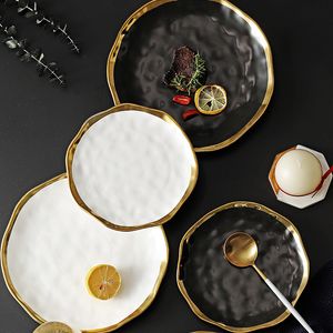 Nordic ceramic plate Fruit salad Dessert christmas plates gold plates black porcelain dinner sets Party round trays decorative 201217