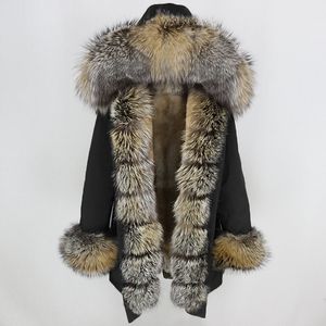 Oftbuy impermeável longa parka jaqueta de inverno mulheres casaco de pele real raposa natural colarinho capuz grosso quente streetwear destacável novo 201111