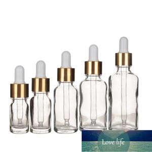 5ml 10ml 15ml 30ml Glass Glass Garrafas com pipetas Claro Garrafas de conta-gotas de óleo essencial com tampa de ouro para aromaterapia