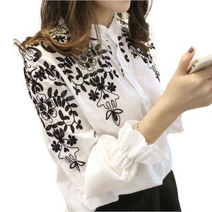 Plus Size Women long sleeve Embroidery Blouse Holiday Summmer Casual Shirt White Black Solid Cotton Shirts Plus Size 5XL Hot H1230