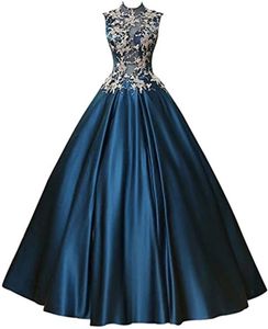 2021 Nuovo sexy collo alto Appliques A-Line Abiti Quinceanera Raso pavimento-lunghezza Sweet 16 Abito Debuttante Prom Party Dress Custom Made 026