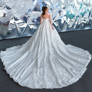 Luxuriöses Ballkleid-Hochzeitskleid aus Tüll mit Flügelärmeln, Spitzenapplikationen, lange Schleppe-Kleider, Illusion, Reißverschluss hinten, maßgeschneiderte Brautkleider