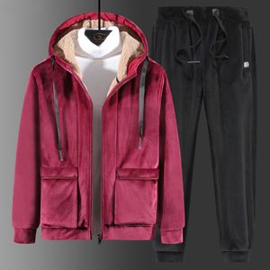 Inverno Quente Tracksuits Homens Com Capuz Set Velvet Espessura Dois Peças Conjuntos Jaqueta + Calças Nova Tendência Mens Sportswear Casual Track Terno 201133