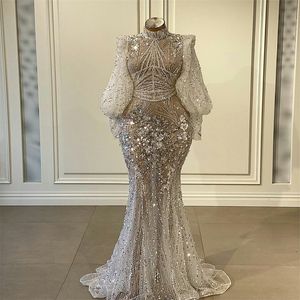 Luxury High Neck Prom Dress White Crystal Sequins Pärlor Evening Dresses Long Hidees Chic Glitter Party Dress Custom Made Robe de 2660