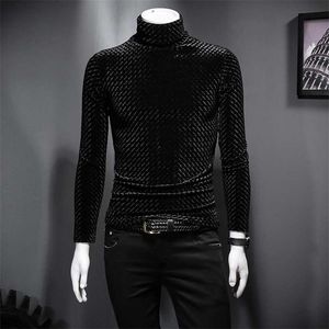 Stylish Tee Long Sleeves Velvet Shirts Casual Men Clothing Flannel -shirts High Neck Pullover s Sleeve Knitting Fall 220115