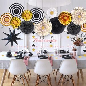 12 pz/set Oro Nero Festa di Compleanno Appeso Ventagli di Carta EID MUBARAK Partito Soffitto Decorazioni Appese Baby Shower Decor Y200903