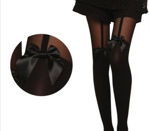 Vintage Damer Sheer Tights Rosett Strumpbyxor Faux lår Hög rosett Suspender Tights Imiterar sexiga tatueringsstrumpor Svart Vit