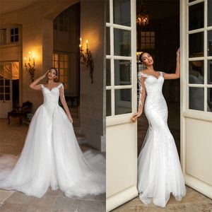 Vendita calda abito da sposa a sirena con strascico staccabile sexy pura illusione perline appliqued abito da sposa in pizzo su misura abiti da sposa