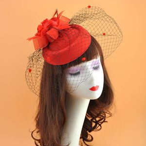Hattar vintage stil röd färg tyll bröllop brud hattar kväll/fest huvudbonter i mode hattar
