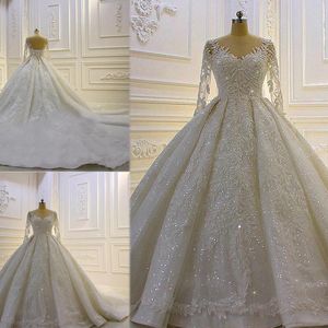 Skromna suknia balowa z długim rękawem sukienki ślubne suknie ślubne Sheer Jewel Neck Lace Appliqued Carzy plus rozmiar szata de Mariee Custom 241c
