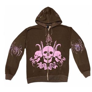 Rhinestone Spider Skull Print Streetwear Hoodie Women Vintage Gothic Harajuku Y2k Clothes Grunge Punk Jacket hoodie