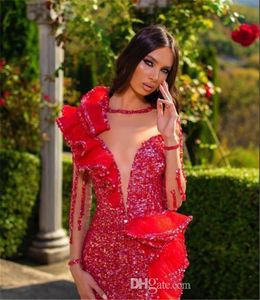 ASO EBI 2021 Arabska błyszcząca syrena seksowna sukienki wieczorowe Sheer szyi długie rękawy sukienki na balowe formy imprezowe strese286l