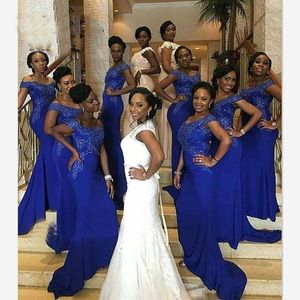 Royal Blue Mermaid Bridesmaid платья с плечевой кружевной вершиной горничной чести платья свадебные гостевые платья на заказ P32