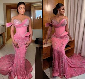 Fuchasia Pink One-shoulder Prom Pageant Dresses Luxury Crystal Beaded Mermaid African Aso Ebi Evening Gowns vedtidos elegante para fiesta
