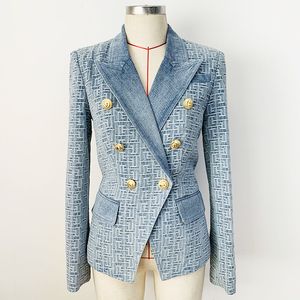 Klassischer Stil, originelles Design, zweireihiger Damen-Blazer, Maze-Muster, schmale Anzugjacke, Metallschnallen, Denim-Blazer, Jacquard-Mantel, Oberbekleidung