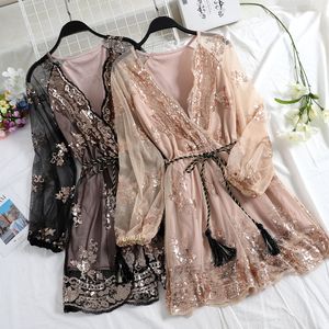 New Autumn Women Mesh Sequins Embroidery Long Sleeve Gauze Jumpsuit Playsuits Ladies Romper V-neck Voile Noble Overalls T200704