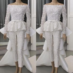 2022 Ivory Mermaid Wedding Dress With Detachable Train Off Shoulder Long Sleeve Birdal Gowns 3D Flowers Appliques Bridal Gown Vestidos De Novia 322