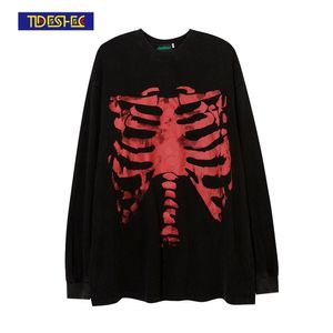 Erkek Sokak T-shirt Gotik Tarzı Bones Baskılı Harajuku Pamuk Rahat Güz Yıkanmış Uzun Kollu Gömlek 220115