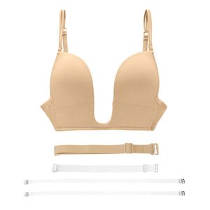 YANDW New Sexy Lingerie padded Push up Bras deep U V plunge women bra intimates Wire free Silicone Double Straps adjustable 201202