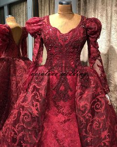 Luxo Vermelho Vestido de Prom Sereia Manga Longa Apliques Laço Lantejoulas Árabe Saudi Aso Ebi Party Vestidos de festa de celebridade Vestidos