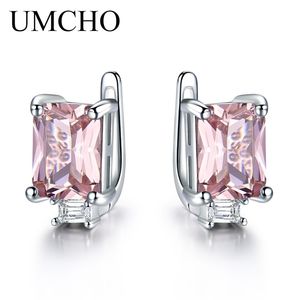 Umcho solid 925 sterling silver clip örhängen för kvinnor rosa rosa morganit ädelsten bröllop förlovning mode smycken gåva 220216