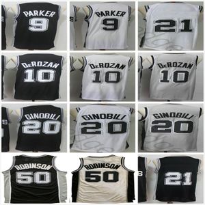 Retro Vintage David 50 Robinson Tony 9 Parker Manu 20 баскетбольные майки Ginobili Черно белая серая рубашка