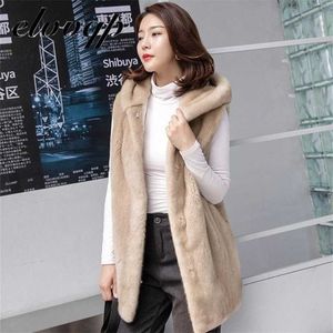 Camel Black Warm Long Imitation Fur Women Vest Winter Hooded Solid Sleeveless Jackets Coat High Quality Oversized Gilet Femme 211220