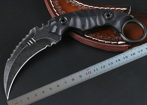 Coltello Karambit di alta qualità D2 Lama satinata / Black Stone Wash Coltelli da artiglio con manico G10 nero con fodero in pelle