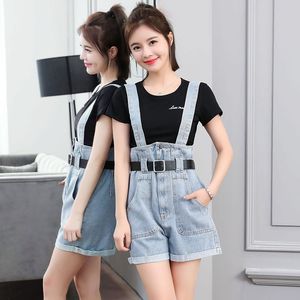 Artı Boyutu Tulumlar Kadın Kısa Playsuits Yüksek Bel Gevşek Rahat Tulum Tulum Kadınlar Için Pamuk Denim Playsuits Kemer T200704