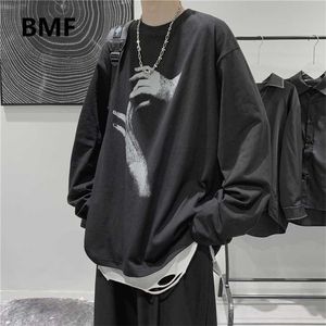 Herfst lange mouwen t-shirt mode losse ulzzang print tops hiphop oversized t-shirts mannen kleding Koreaanse stijl kleding 220124