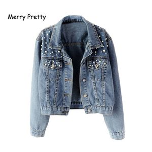 Merry Pretty Kadınlar Açık Mavi İnci Boncuk Denim Ceketler Kore Moda Streetwear Inci Kot Ceket Sonbahar Denim Kıyafet 4XL 5XL LJ200813